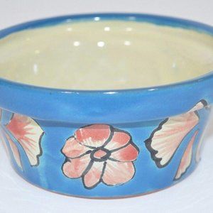 Mexico Nieves T Pottery Planter Dish Blue w/Pink Ribbon Flowers 5.25" x 2.25"
